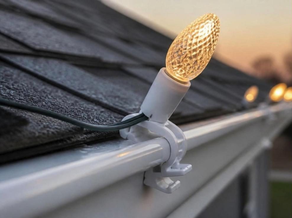 Close-up of a white light clip gripping a gutter edge, holding a glowing warm white bulb
