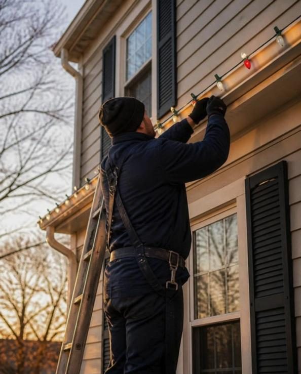 Installer on a ladder clipping a strand of Christmas lights to a gutter